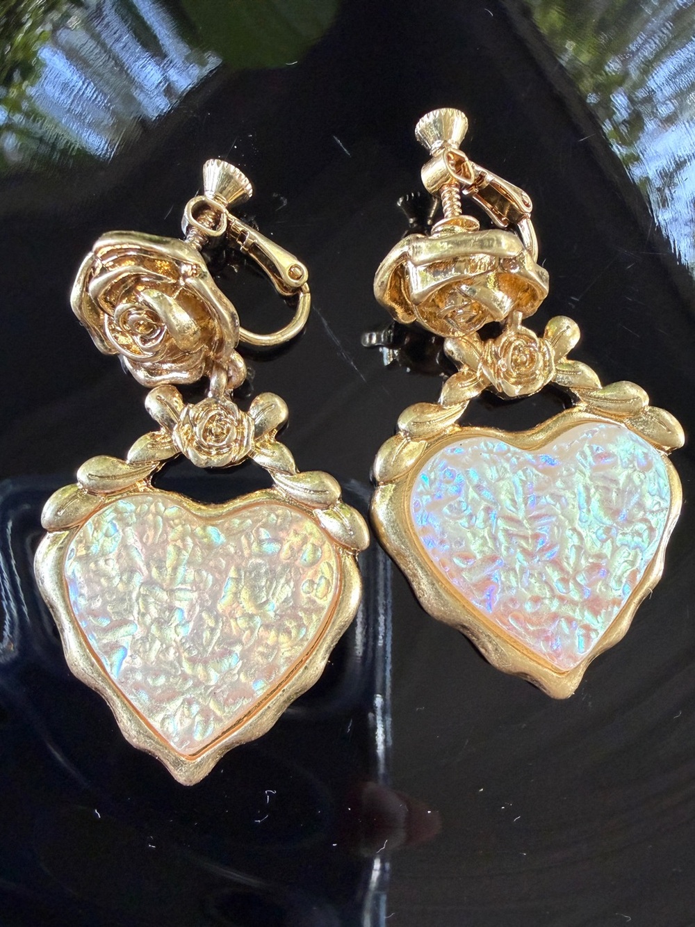 KJL Gold Floral Heart Drop Earrings w/ Ivory Iridescent Hearts - Clip-On Screw